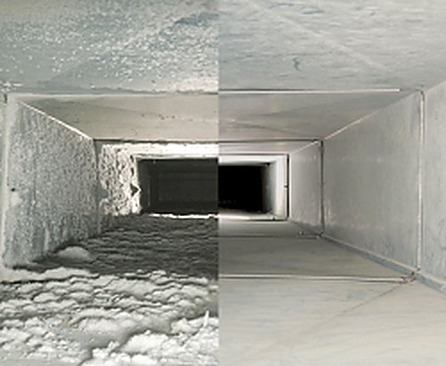 Duct interior before and after whole-system cleaning in a Mesa AZ home